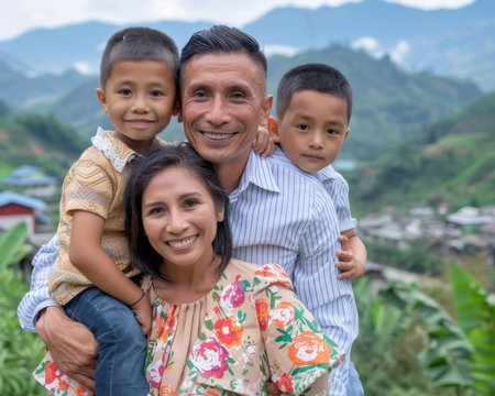 233459375 a happy family of four a father holding his two young sons pose for a portrait in front of a scenic