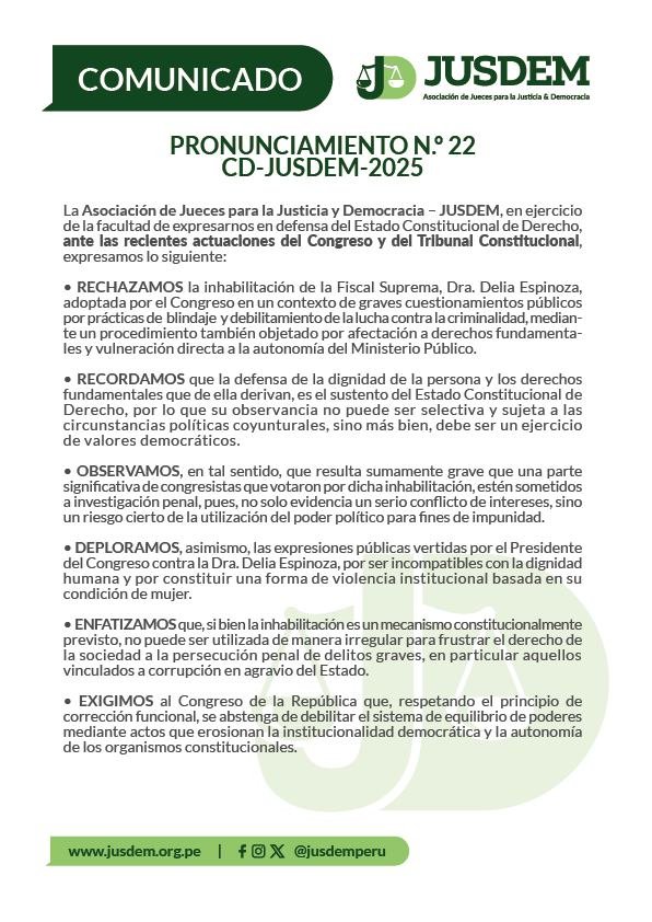 ASOCIACION DE JUECES DEL PERÚ - JUSDEM rechaza inhabilitación de Delia Espinoza y denuncia "injerencia indebida" del Tribunal Constitucional 597808781 1285092256975788 5406086976435453347 n